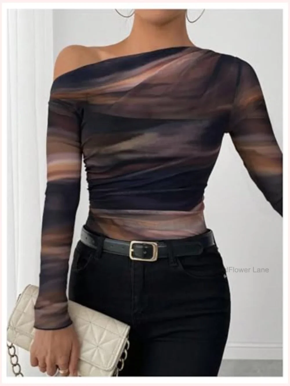 Asymmetric Off The Shoulder Long Sleeve Mesh Top - Picture 4 of 5
